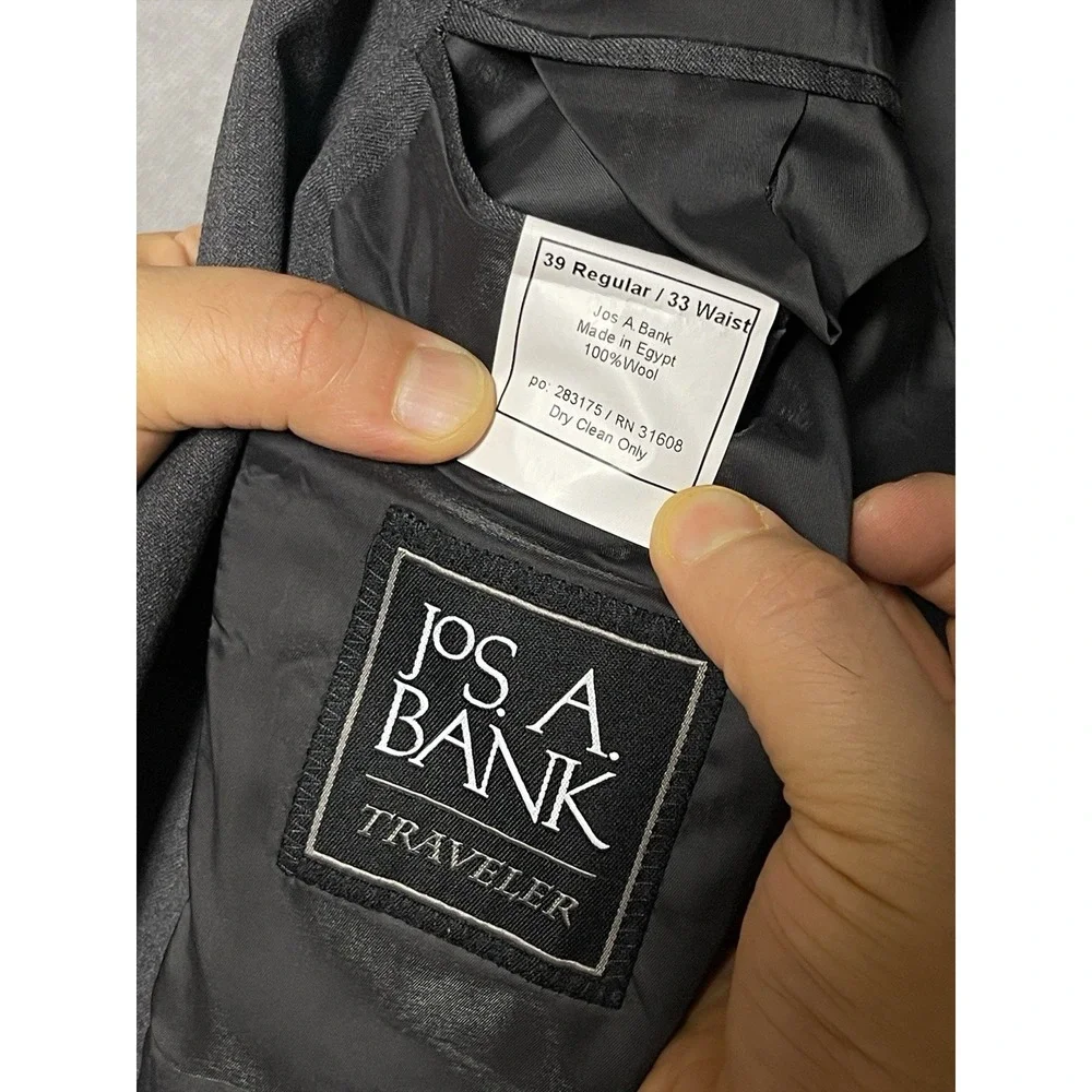 Jos A Bank Suit Men 38R 39R Gray 2B Slim Travel Academia Wool 33X31 Pants Luxury